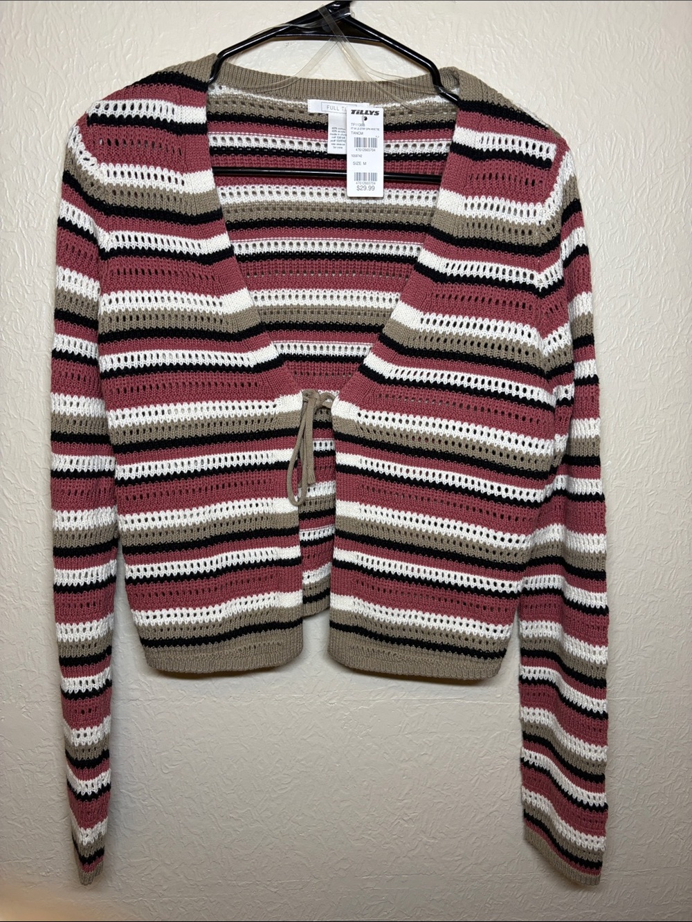 Full Tilt Pink, Cream, Black & Tan Striped Open-Knit Tie Cardigan